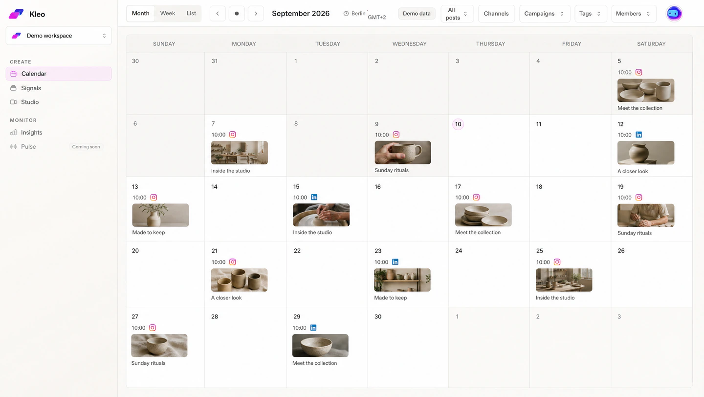 Kleo Calendar showing a complete illustrative social publishing schedule