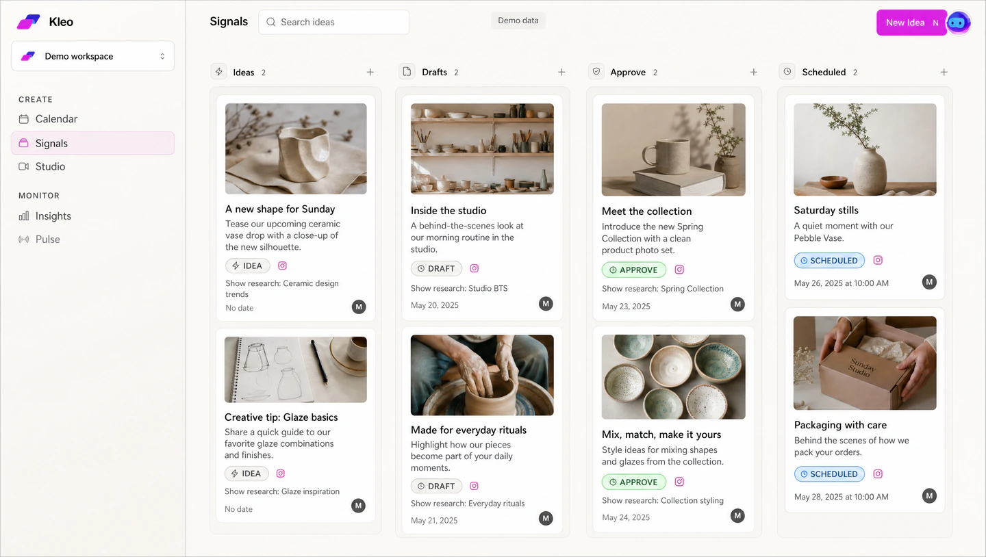 Kleo Signals showing illustrative ideas moving through drafts, approval and scheduling